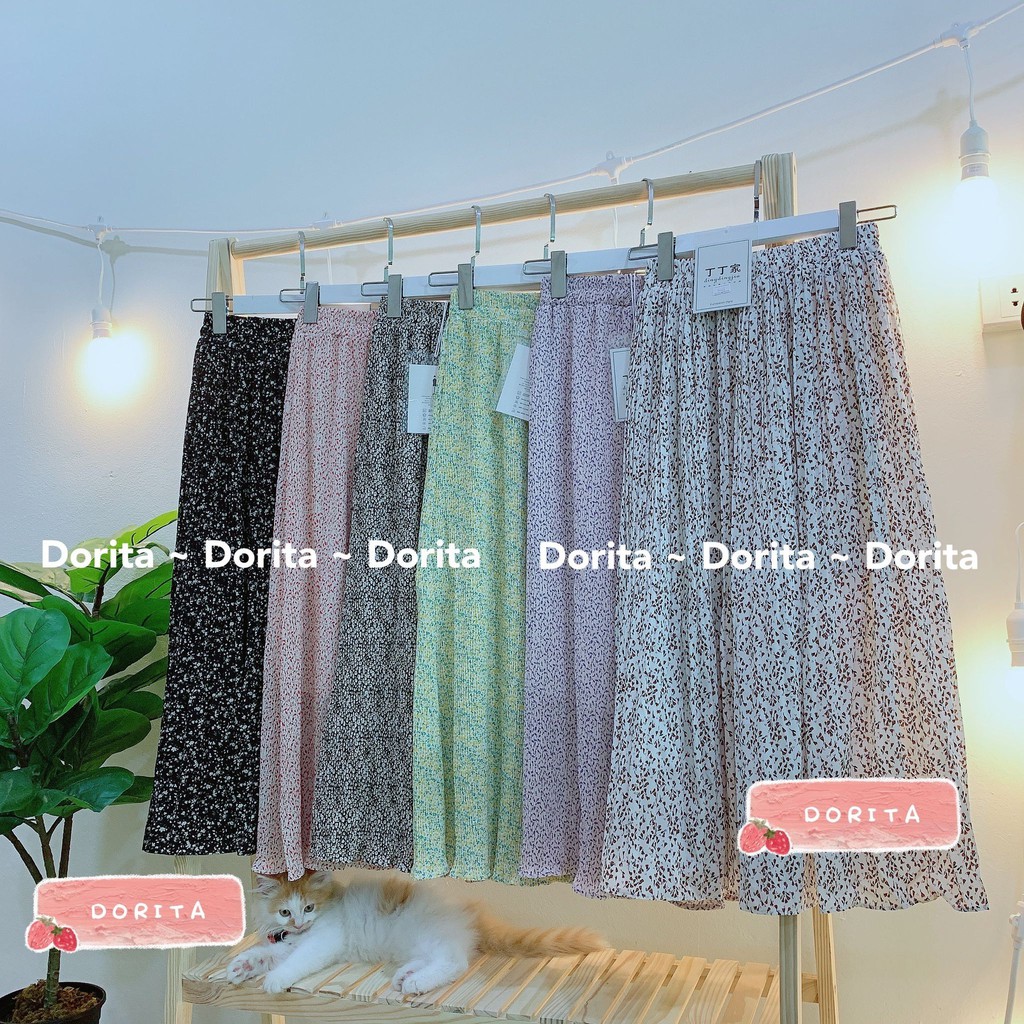 Chân váy hoa nhí vintage Ulzzang xếp ly, Chân váy dài Quảng Châu 2 lớp