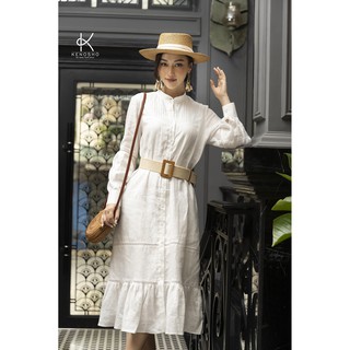 K134 Đầm Premium Linen ly ngực, cổ tàu, dài tay, dáng xuông đuôi cá phối ren