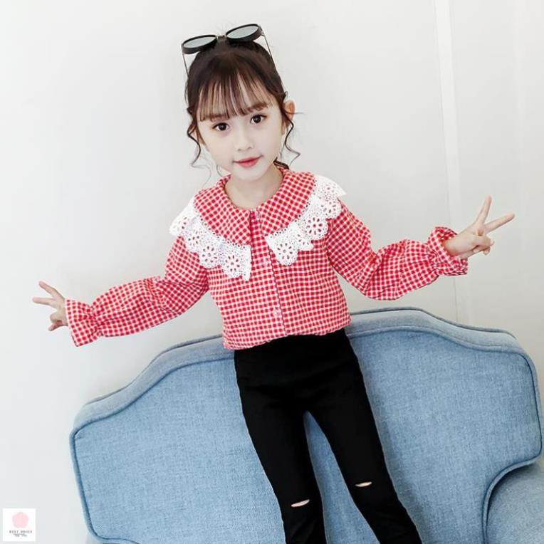 Áo sơ mi bé gái 3 tuổi -12 tuổi☑️ Sơ Mi Dài Tay Kẻ Ô, Cổ Áo Cách Điệu Dành Cho Bé Gái lớn☑️ áo đi học size đại