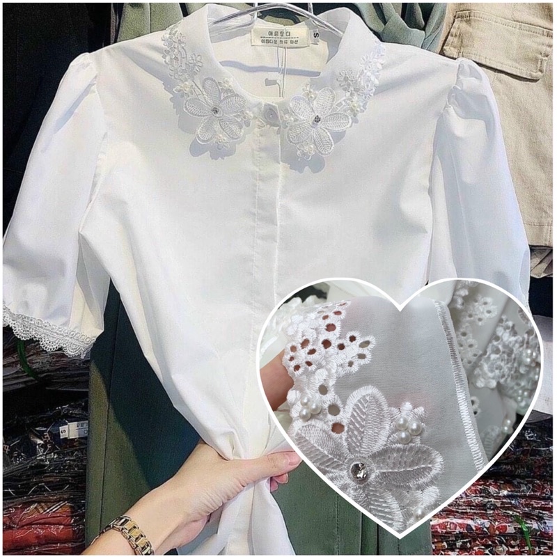 ÁO SOMI TRẮNG CỔ REN HOA ĐÁ DÁNG SUÔNG TIỂU THƯ
