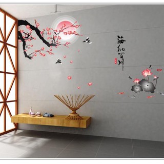 [XẢ HÀNG] Decal dán tường phòng khách Cành đào thư pháp- DH062