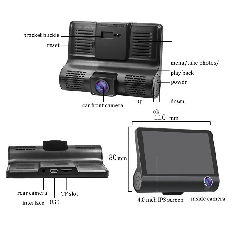 Camera hành trình ô tô RUNDONG 3 mắt T-909 | Màn hình 4.0 inch full HD 1080, camera sau chống nước, hỗ trợ thẻ nhớ 32 Gb