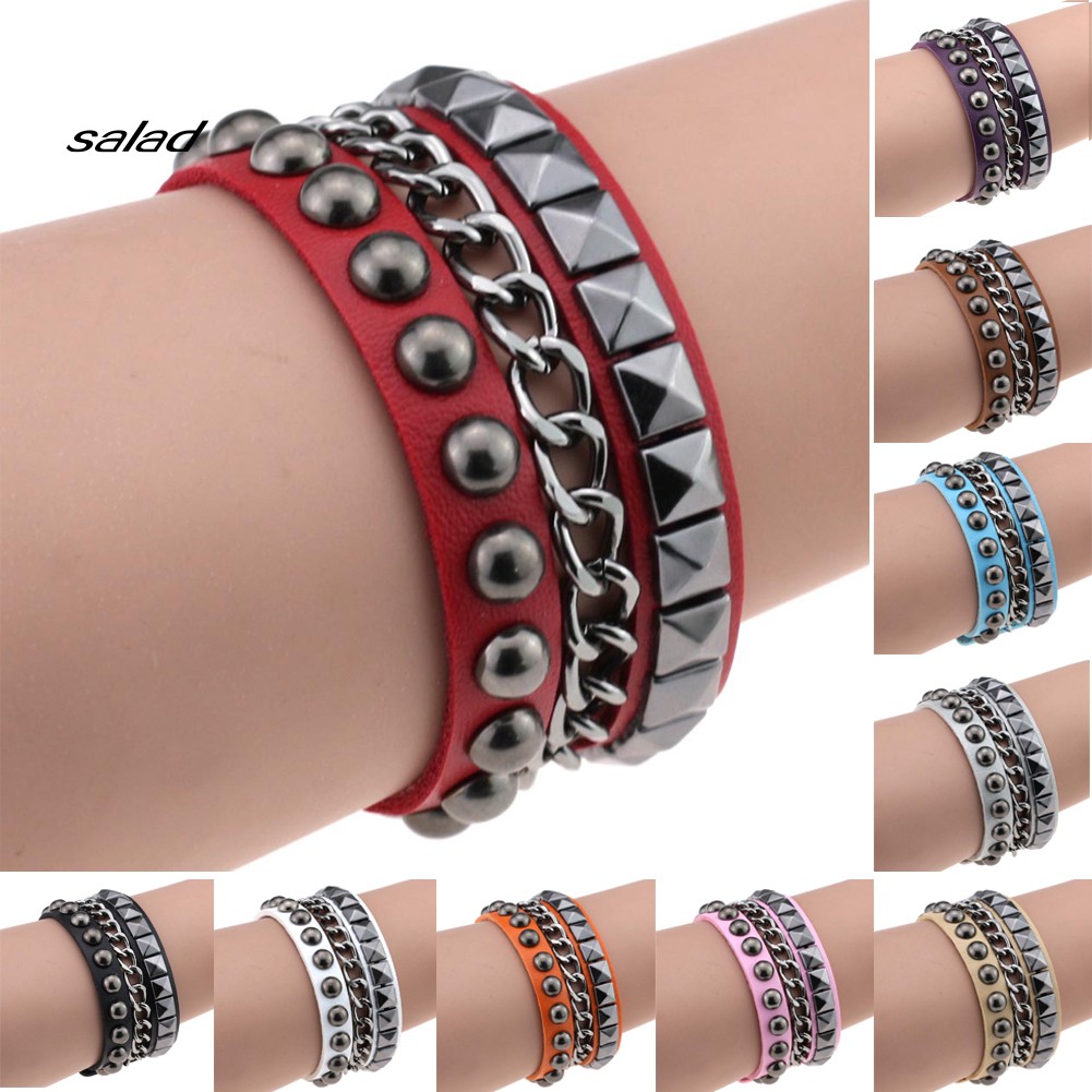 【SD】Women's Layered Punk Rock Rivet Bracelet Studded Faux Leather Metal Chain Bangle