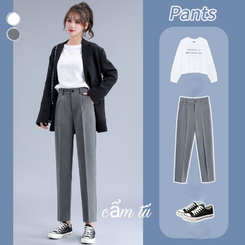 Quần tây baggy nữ công sở lưng cao vải mềm màu đen ghi dáng dài Quần ống đứng bigsize cho học sinh - Mặc đi học đi làm