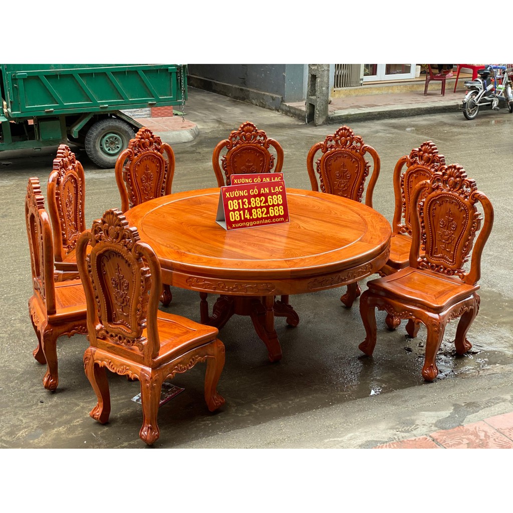 Bộ bàn ghế ăn mẫu Louis hoa hồng gỗ hương đá 8 ghế bàn tròn