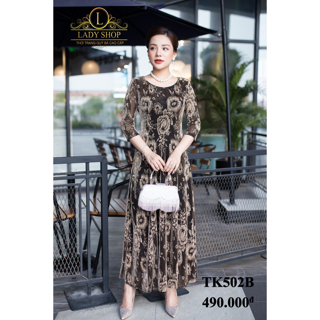 Thời trang trung niên -  Đầm quý bà cao cấp - Ladyshop - Đầm maxi ren nhũ hoa hồng vàng TK502