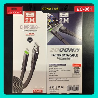 Cáp sạc nhanh 3a chính hãng earldom ec-081 dây dẹt dài 2m có đèn led