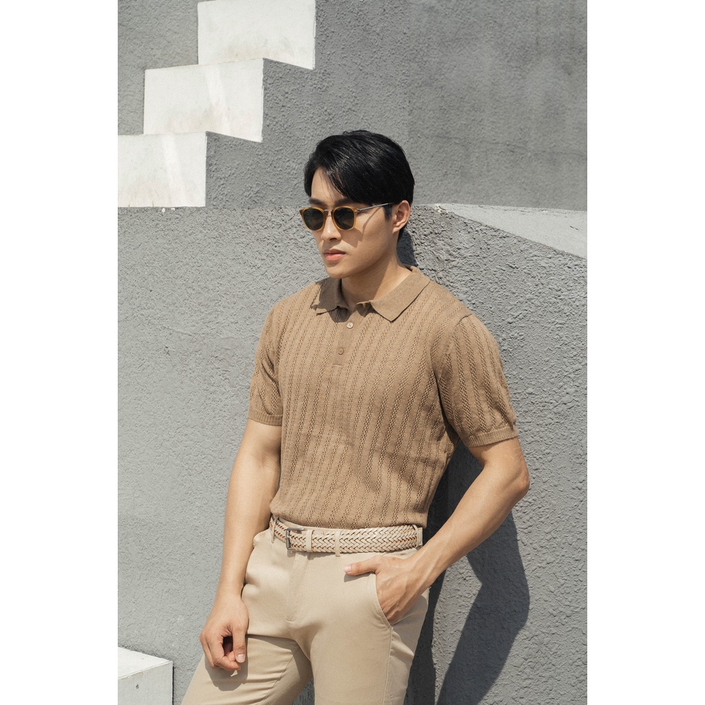 A/G Polo Dệt Kim Màu Beige Cam Kết Hợp Kĩ Thuật Dệt Họa Tiết Tinh Tế Phong Cách Đơn Giản Thanh Lịch