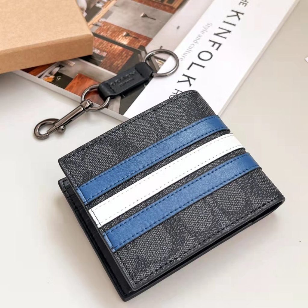 COACH Ví Da Ngắn Kẻ Sọc Có Ngăn Đựng Thẻ Thời Trang Cho Nam 26072