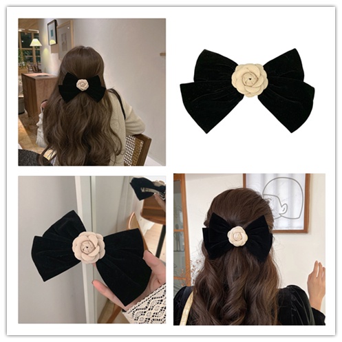 Kẹp Tóc Nơ Bằng Nhung Màu Đen Phong Cách Cổ Điển Thanh Lịch Dành Cho Nữ