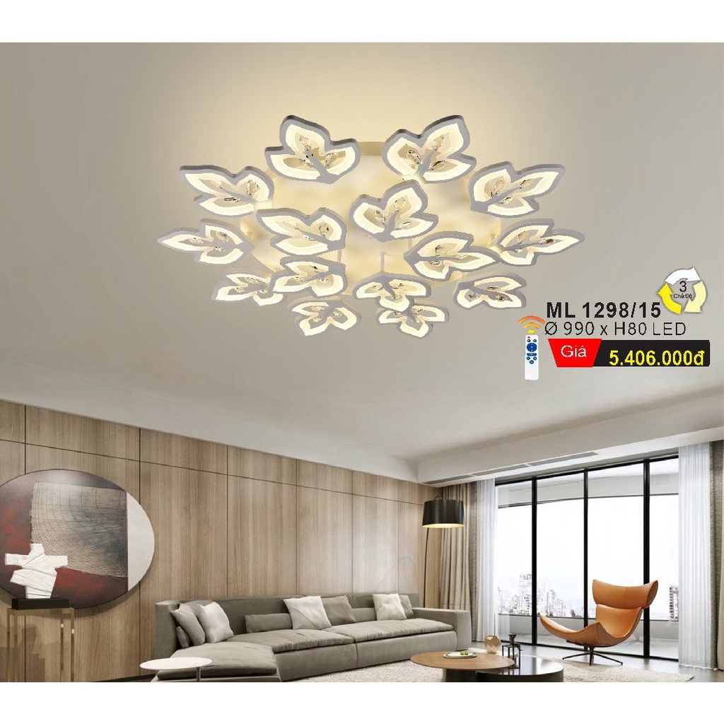 Đèn trần, đèn ốp trần 15 cánh lá trang trí phòng khách, phòng ngủ 3 chế độ