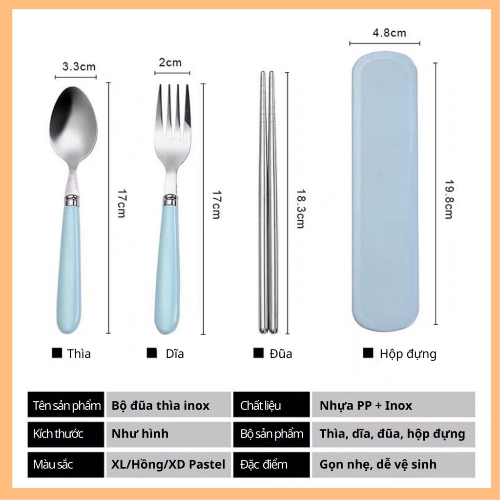 Bộ Thìa Đũa Inox 304 Cao Cấp cá nhân có hộp đựng cao cấp- Hộp thìa dĩa văn phòng, du lịch tiện dụng, Màu Pastel!