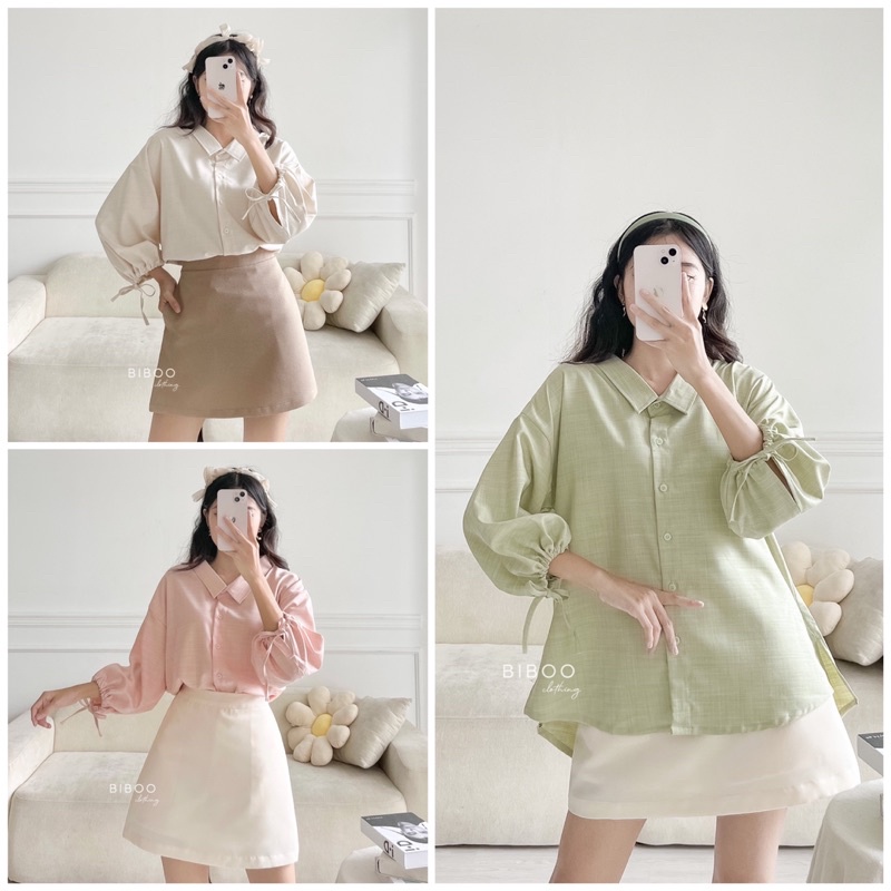 BIBOO - Áo sơmi tay rút cột nơ RIBBON SHIRT form rộng thoải mái chất liệu dày dặn mịn đẹp
