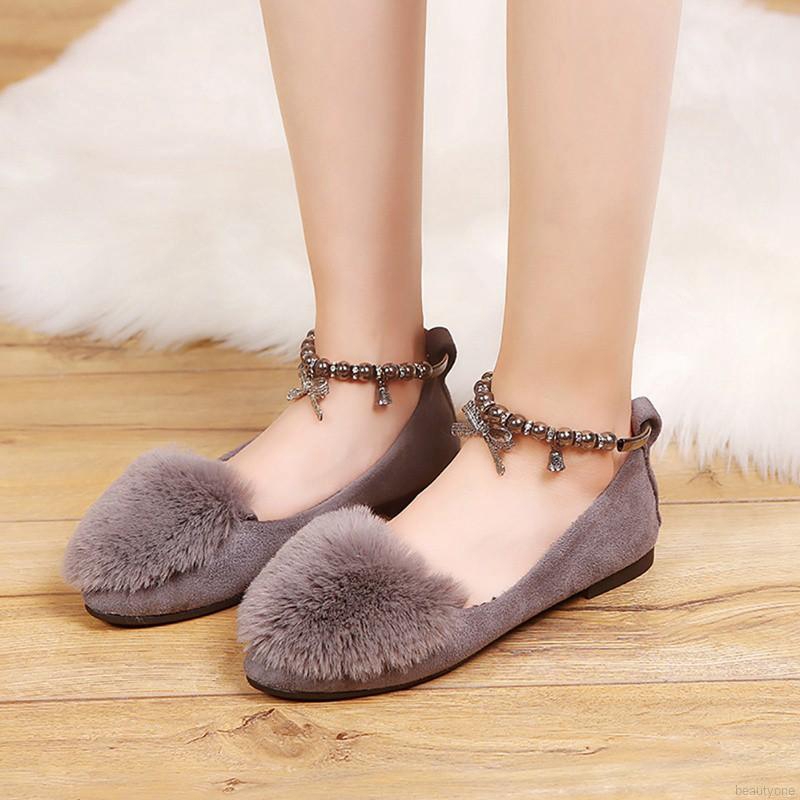 Giày Bệt Mũi Tròn Trang Trí Lông Mềm Thanh Lịch