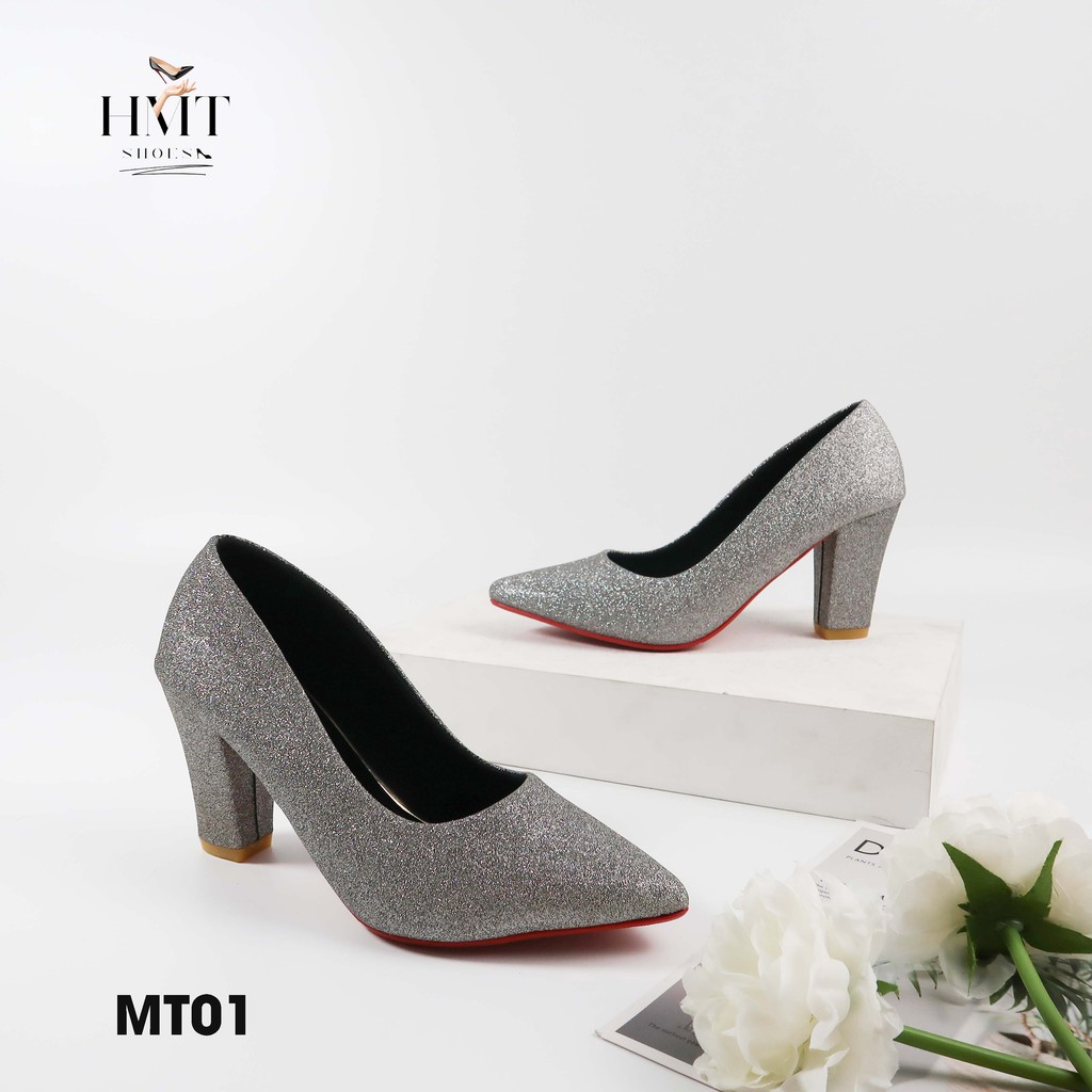 Giày cao gót dự tiệc kim tuyến gót vuông HMTShoes MT01