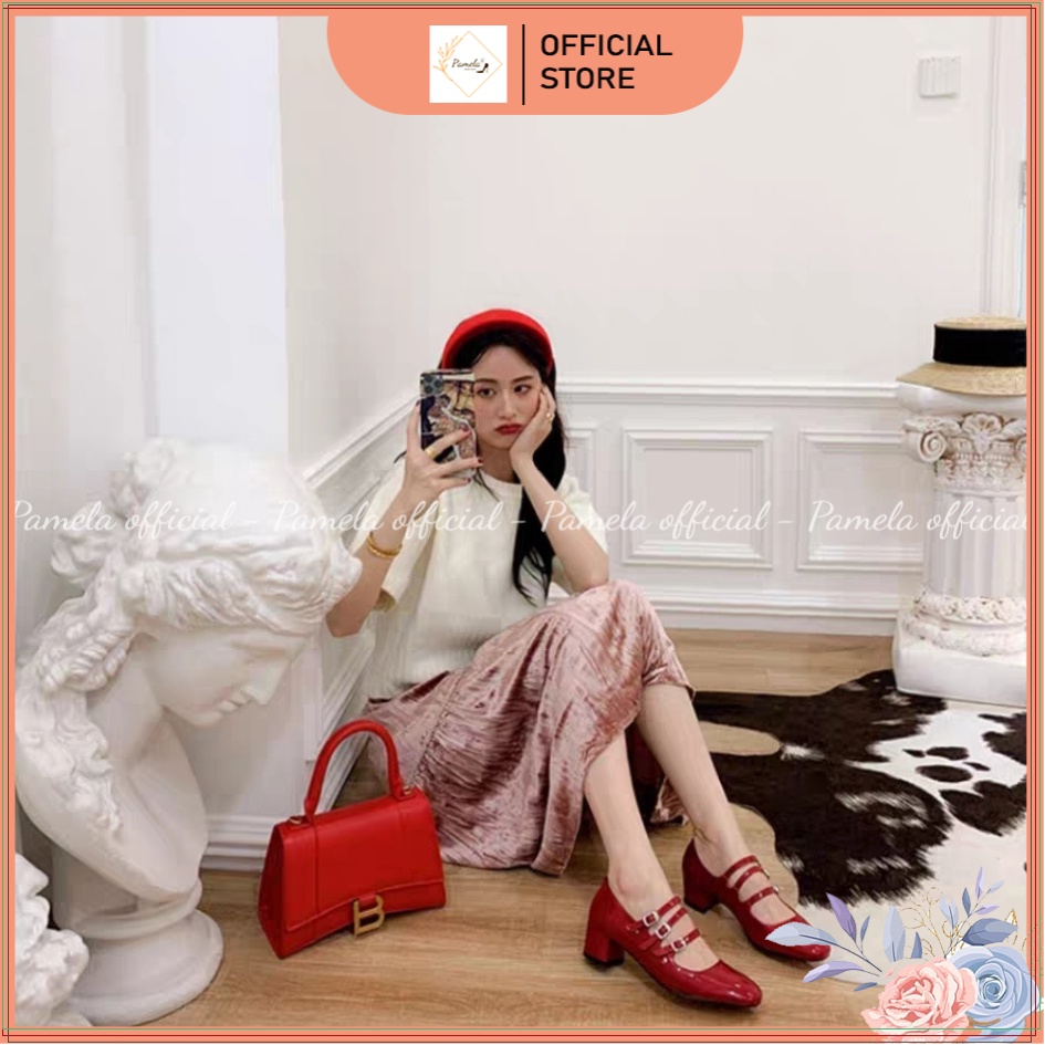 PAMELA - Giày Nữ Mary Jane Mũi Vuông Da Bóng 3 Khóa Quai Ngang Tiểu Thư Đế 5 phân Hot Trend 2022 - Gi22
