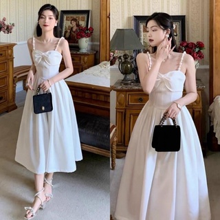 Đầm trắng dài 2 dây ngọc nơ ngực, váy công chúa tiểu thư hot girl dễ thương sang trọng nhẹ nhàng đi chơi dự tiệc