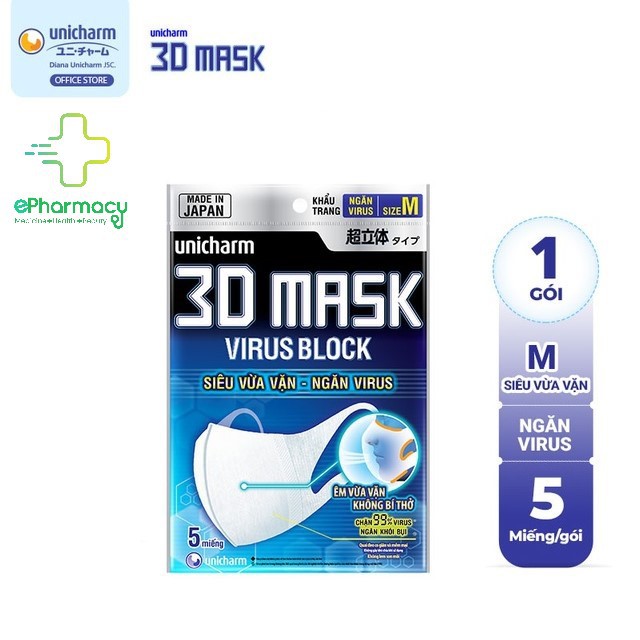 Khẩu trang 3D Mask ngăn vi khuẩn Unicharm 3D Mask Virus Block size M