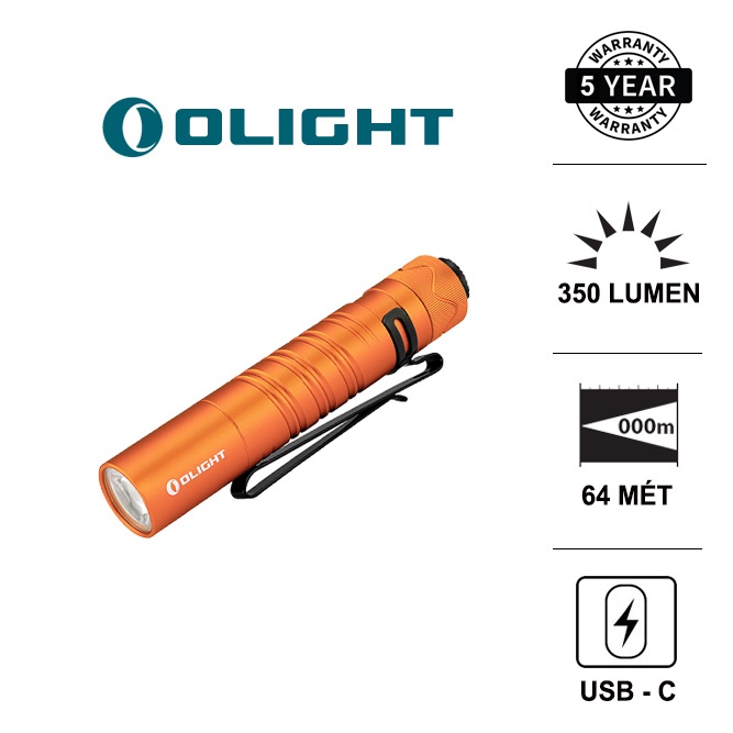 Đèn pin mini OLIGHT I5R EOS màu cam Led hiệu suất cao sáng 350 lumen chiếu xa 64m pin 14500 sạc TYPE-C Đèn &amp; Đèn pin