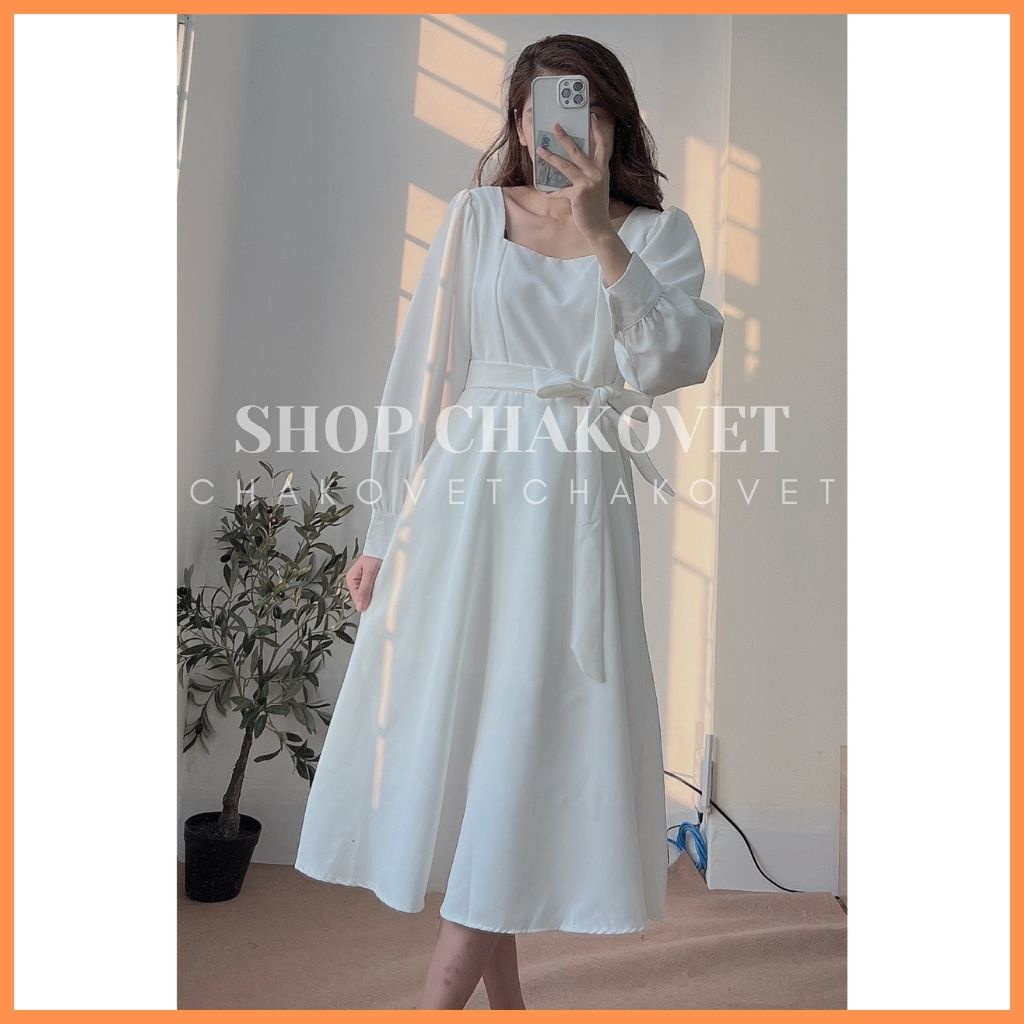 Đầm nữ cổ vuông màu trắng dài tay 2 lớp V8133, kiểu váy nữ dáng dài thanh lịch style hànquốc thiết kế chun sau có đai eo | BigBuy360 - bigbuy360.vn