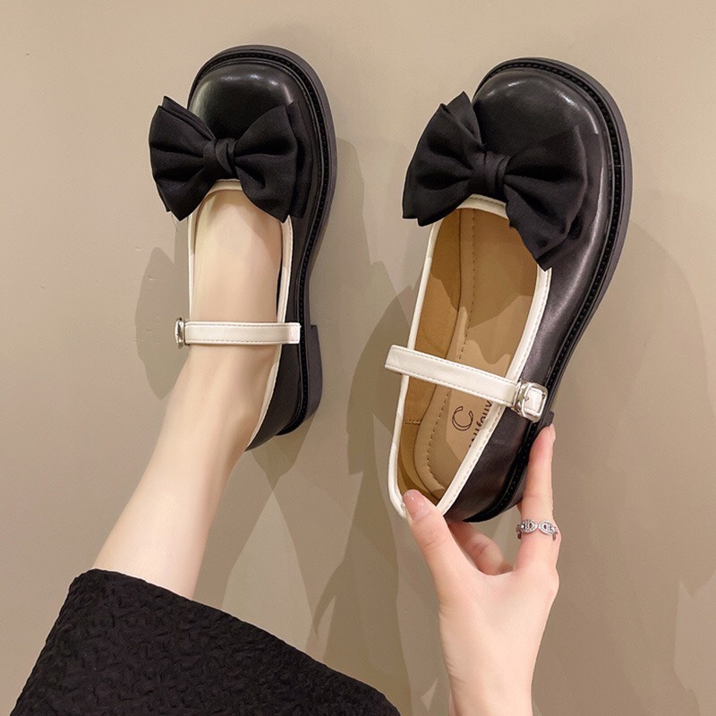 Giày búp bê nữ đính nơ vải đế bệt phối quai cài chất da mềm êm chân mã K5