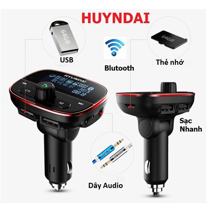 Tẩu nghe nhạc MP3, kiêm tẩu sạc trên ô tô. Thương hiêu Hyundai - HY-89 (Bảo hành: 1 NĂM Chính Hãng)