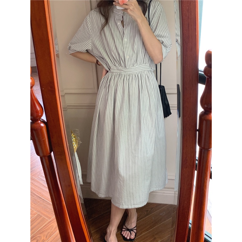 Đầm dài ngắn tay họa tiết kẻ sọc thời trang Hàn Quốc mùa hè mới thanh lịch 44715