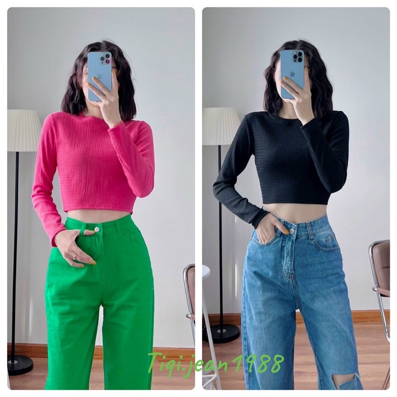 (kèm ảnh thật) Áo phông croptop chất thun xốp tay dài nhiều màu