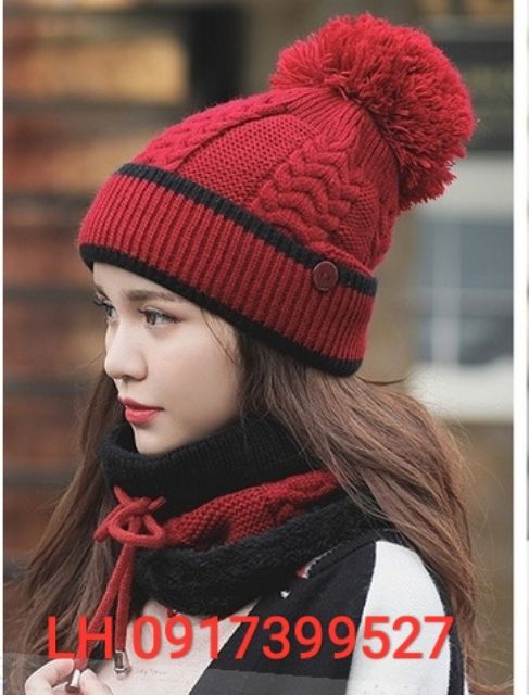 Nón len nữ mũ Len nữ kèm khăn choàng + khẩu trang y hình thời trang Hàn Quốc