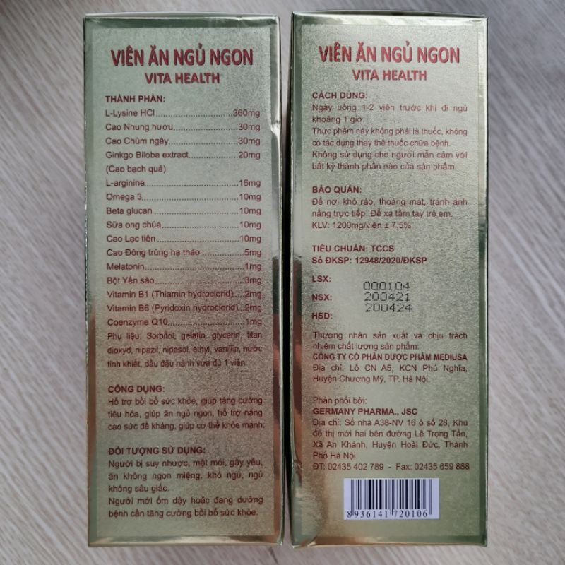 Viên ăn ngủ ngon VITA HEALTH bồi bổ cơ thể, dưỡng tâm an thần _Hộp 60 viên