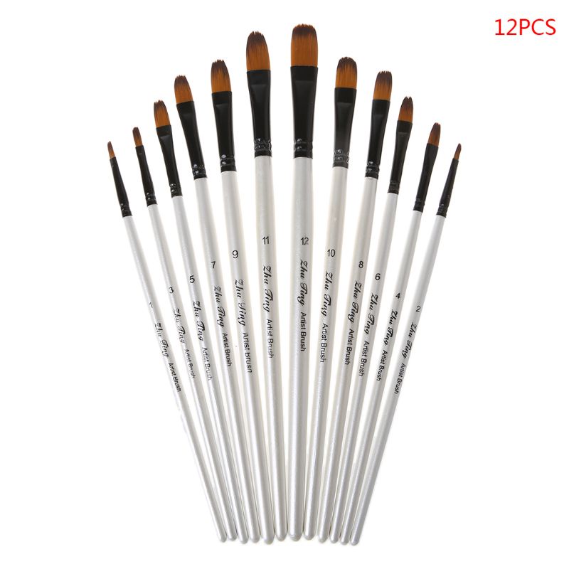 Set 12 cọ vẽ tranh sơn dầu đầu tròn tay cầm bằng gỗ nhiều kích cỡ chuyên dụng