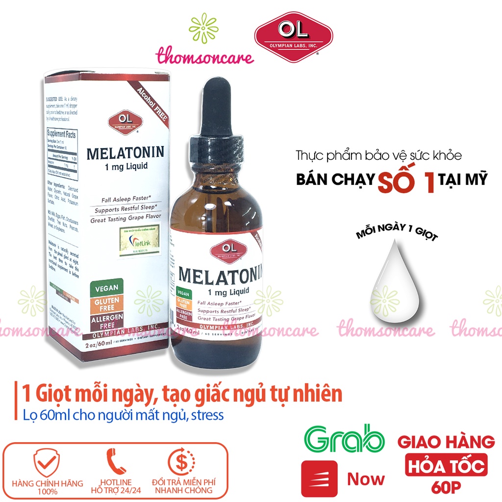 Melatonin 1mg giảm mất ngủ, giúp ngủ ngon tự nhiên, hết stress, căng thẳng nhập khẩu từ Mỹ Olympian Labs Lọ  60ml