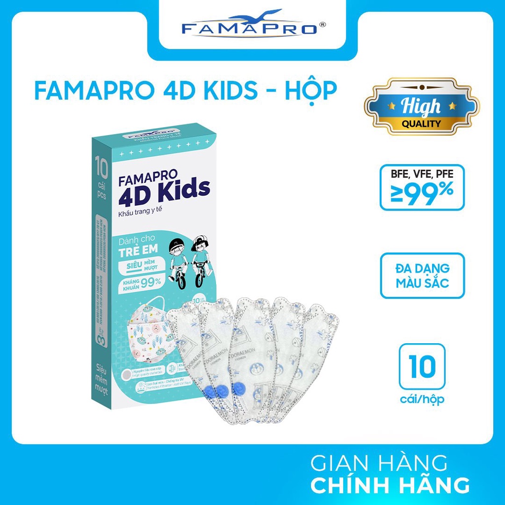 [4D KIDS HỘP 10 CÁI] Khẩu trang 4D KIDS (kf94) Famapro 3 lớp kháng khuẩn cao cấp cho bé 3-6 tuổi (10 cái/ hộp)