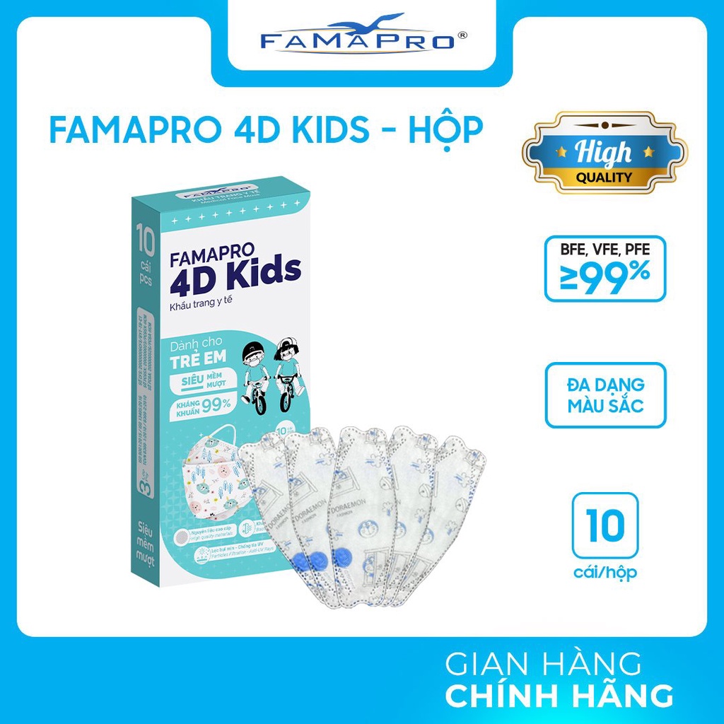 [4D KIDS HỘP 10 CÁI] Khẩu trang 4D KIDS (kf94) Famapro 3 lớp kháng khuẩn cao cấp cho bé 3-6 tuổi (10 cái/ hộp)