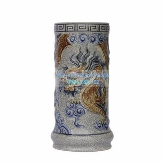 Ống hương gốm sứ Bát Tràng đắp Rồng nổi men rạn cổ cao 17 cm đường kính 8 cm