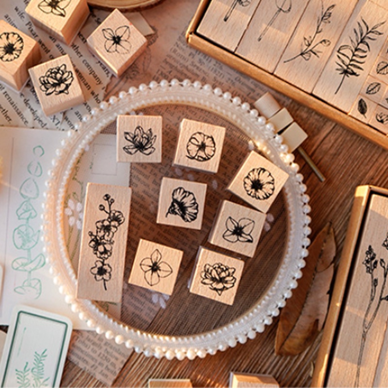 Bộ 22 Con Dấu Bằng Gỗ In Hình Hoa Lá Phong Cách Vintage Trang Trí Sổ Tay DIY