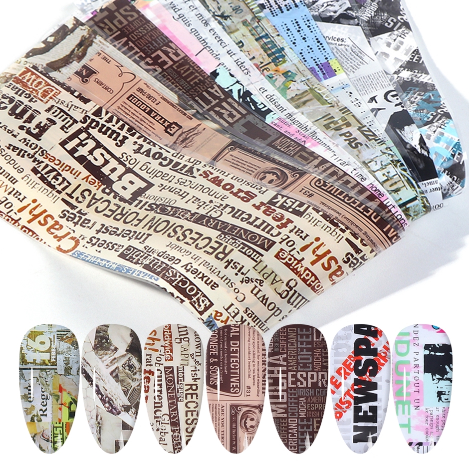 10pcs Nail Foil Sticker Vintage Newspaper Gel Set Mixed Flower Marble Adhesive Transfer Decal Starry