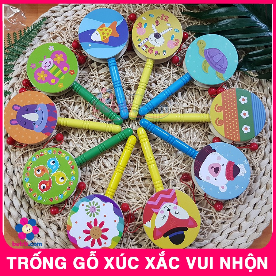 Trống Xúc Xắc Gỗ Lục Lạc Đáng Yêu Cho Bé Phát Triển Về Thính Giác, Thị Giác