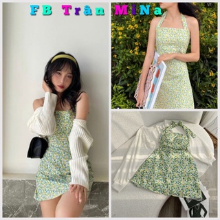 Set đầm midi hoa xanh cổ yếm kèm khoác-hàng loại 1 chuẩn sàn