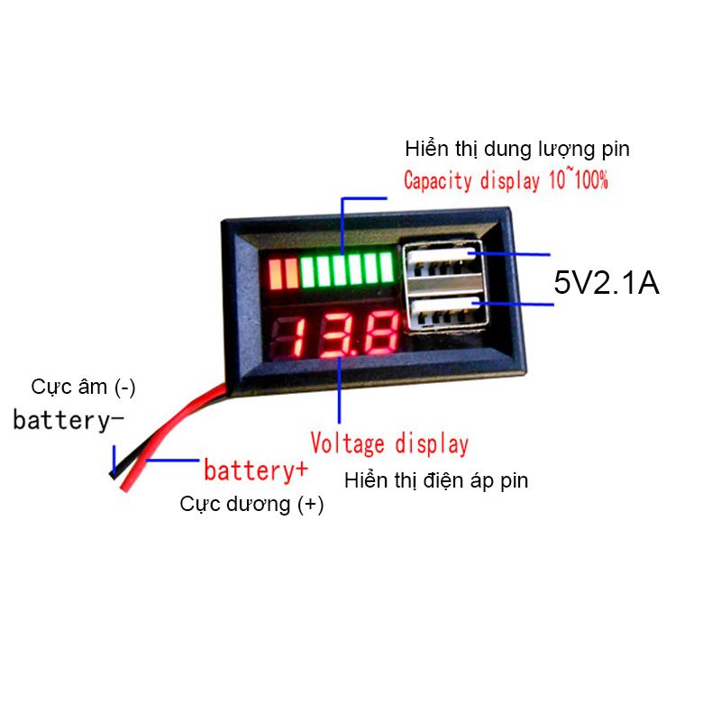 Đồng hồ báo Điện áp, báo Dung lượng acquy, pin sắt, pin lion kèm Cổng USB kép sạc điện thoại (lắp vỏ acquy)