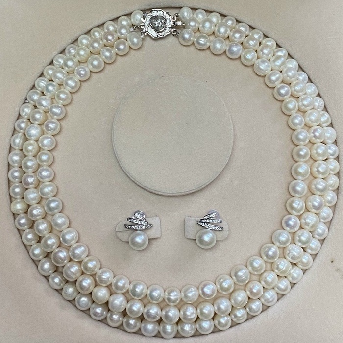 Bộ trang sức trai thật tự nhiên nuôi nước ngọt 8li hạt bóng đẹp kiểu dáng chocker thanh lịch míc khóa hoa hồng xịn xò