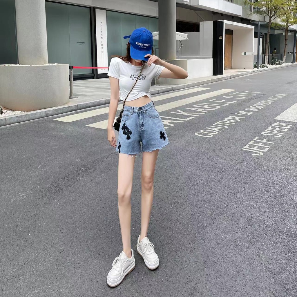 Quần Short Jeans Lưng Cao Ống Rộng In Họa Tiết Retro Thời Trang Cho Nữ