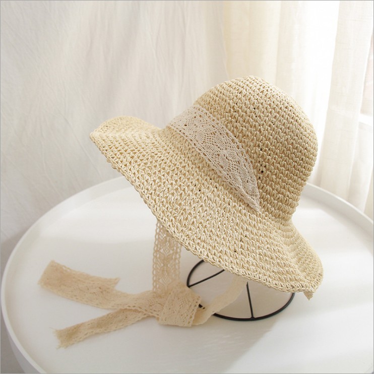 Nón Cói Vành Rộng Mềm Nữ Nơ Ren Đơn Giản Đi Biển