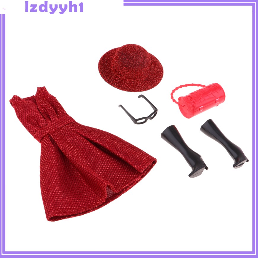 Bộ trang phục đầm đỏ + giày bốt đen + túi xách tay dự tiệc cho búp bê DIY