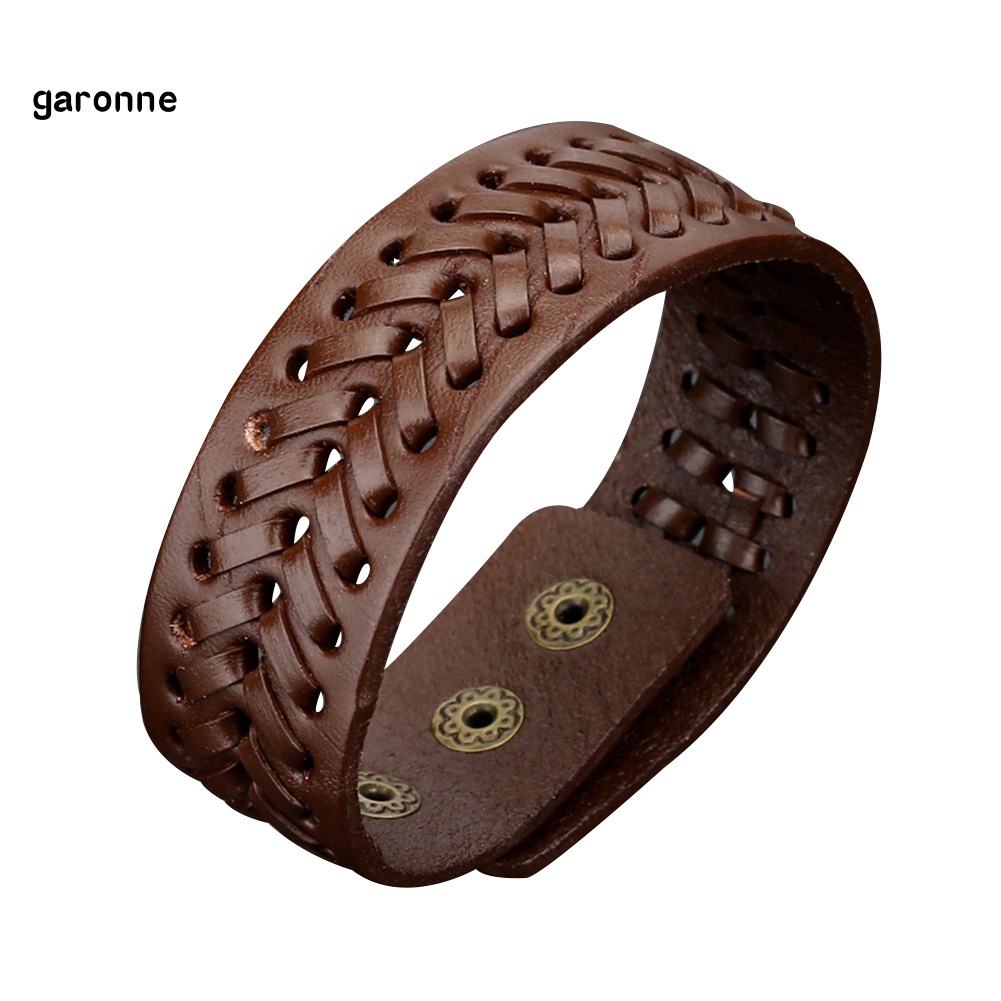 GAR Vintage Men Faux Leather Wide Braided Bracelet Cuff Button Wristband Bangle