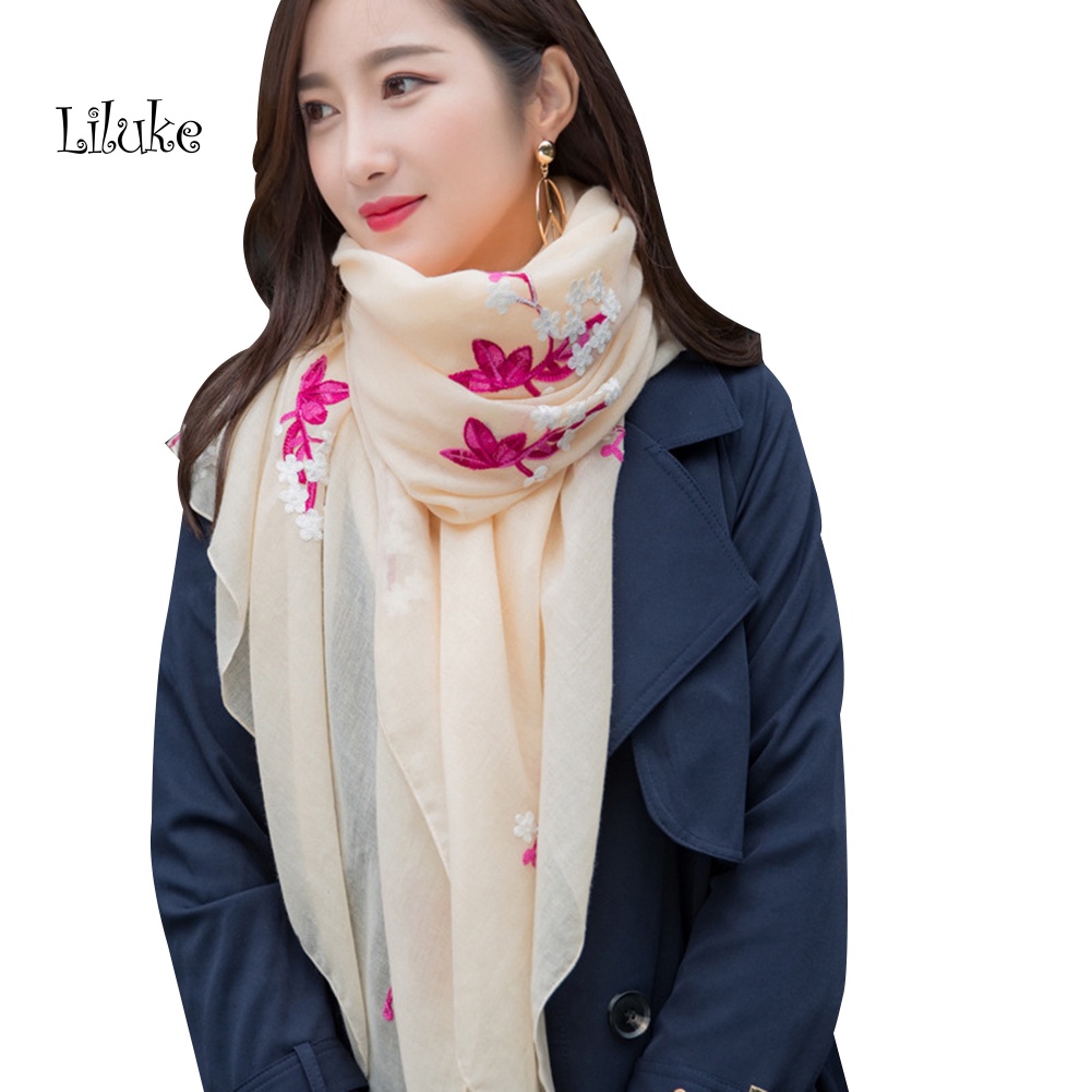 Khăn Choàng Cotton Linen Mềm Thêu Hoa Xinh Xắn Cho Nữ