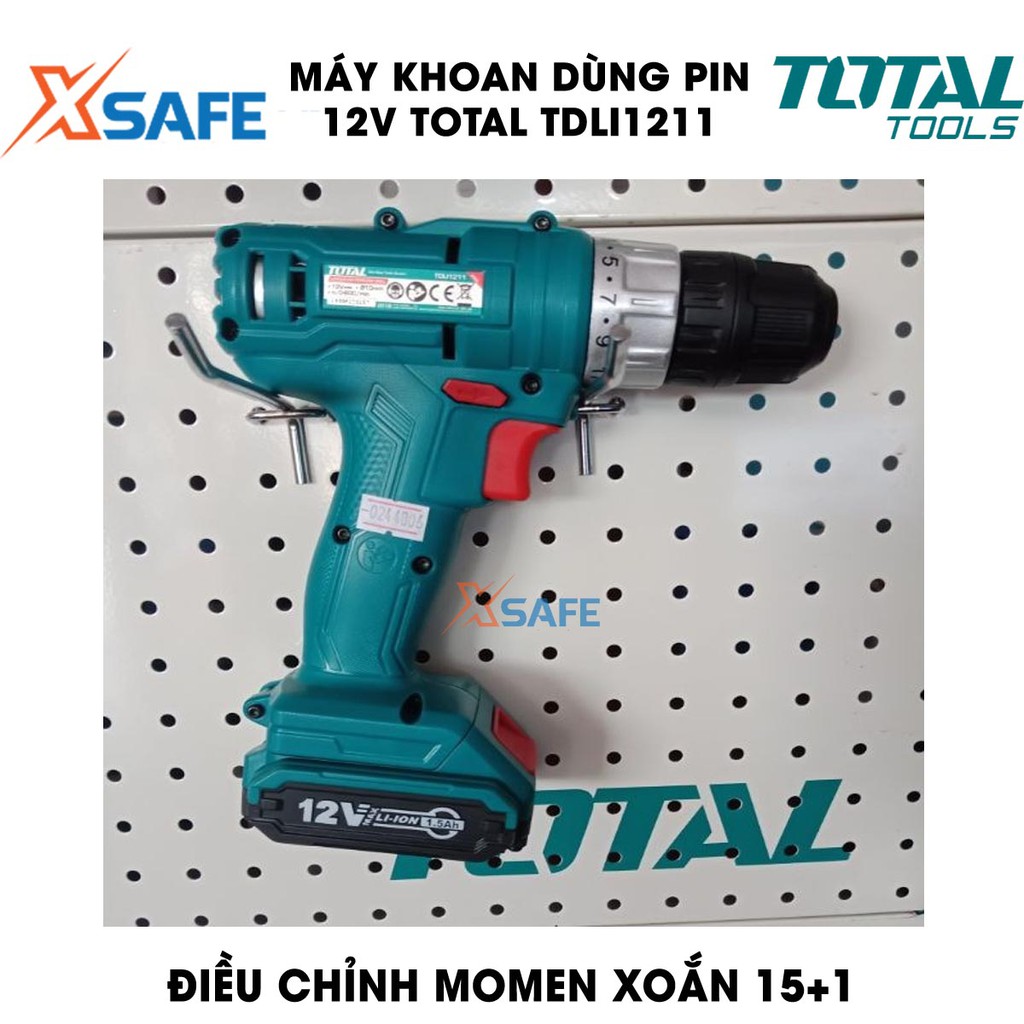 Máy khoan dùng pin 12V TOTAL TDLI1211 Kèm 1 Pin 1.5Ah 1 Sạc 2 mũi vít CR-V 65mm Máy khoan cầm tay lực siết tối đa 20N.m