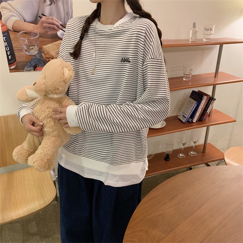 Áo sweater tay dài cổ tròn kẻ sọc kiểu retro cá tính