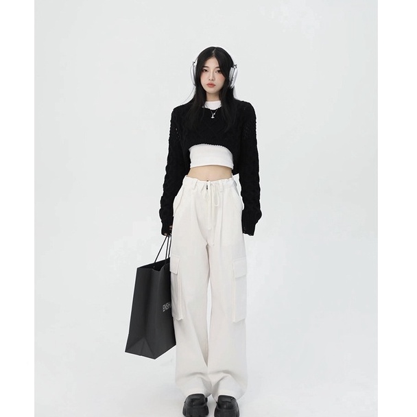 Porozi  Áo sweater Áo croptop dệt kim tay dài dáng ngắn phong cách Hàn Quốc thời trang cho nữ