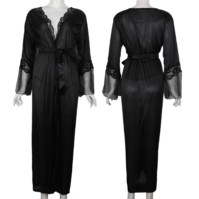 Xiangbao Đầm Ngủ Kimono Dài Bằng Lụa Lạnh Phối Ren Màu Trơn Gợi Cảm Cho Nữ